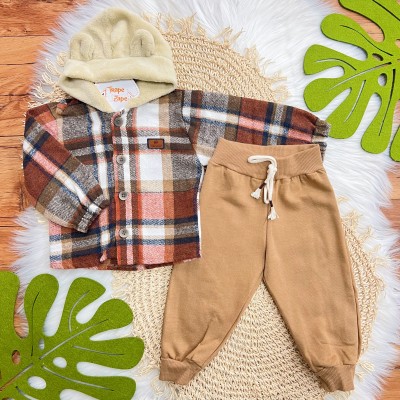 Conj. Casaco Flanelado Xadrez com Capuz de Pelinho e Calça de Moletom - Marrom